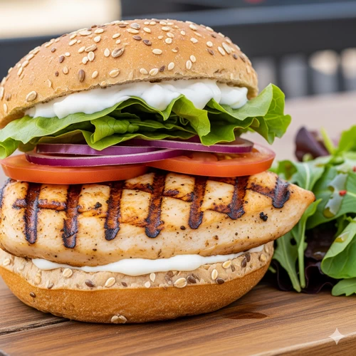 เบอร์เกอร์ไก่ย่างอกไก่ชิ้นโตวางบนขนมปังโฮลวีท พร้อมผักสดและซอสโยเกิร์ต