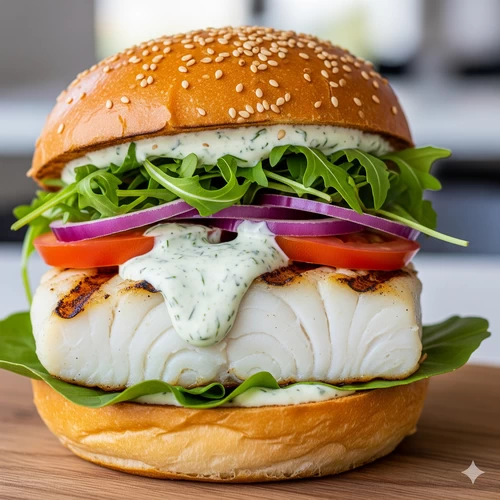 เบอร์เกอร์ปลาย่างเนื้อปลาขาวชิ้นหนา วางบนขนมปังโฮลวีท พร้อมผักสลัดและซอสดีลล์โยเกิร์ต