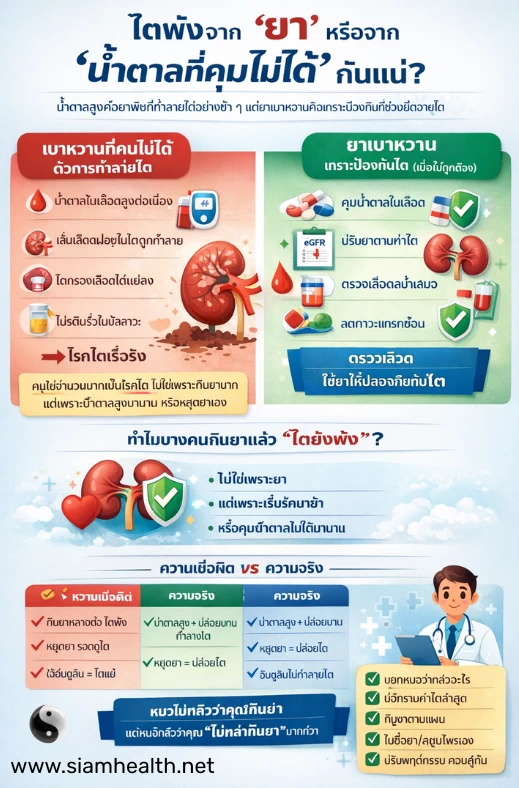 อินโฟกราฟิกเปรียบเทียบยาเบาหวานกับน้ำตาลในเลือด แสดงว่าน้ำตาลที่คุมไม่ได้เป็นสาเหตุหลักของไตเสื่อม ไม่ใช่ยาเบาหวาน