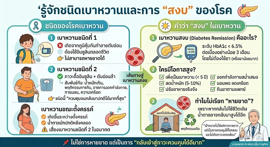 อินโฟกราฟิกสรุปชนิดของโรคเบาหวาน (ชนิดที่ 1, 2, ขณะตั้งครรภ์) และความหมายของคำว่า เบาหวานสงบ (Remission) พร้อม Checklist สำหรับผู้ที่มีโอกาสสูง