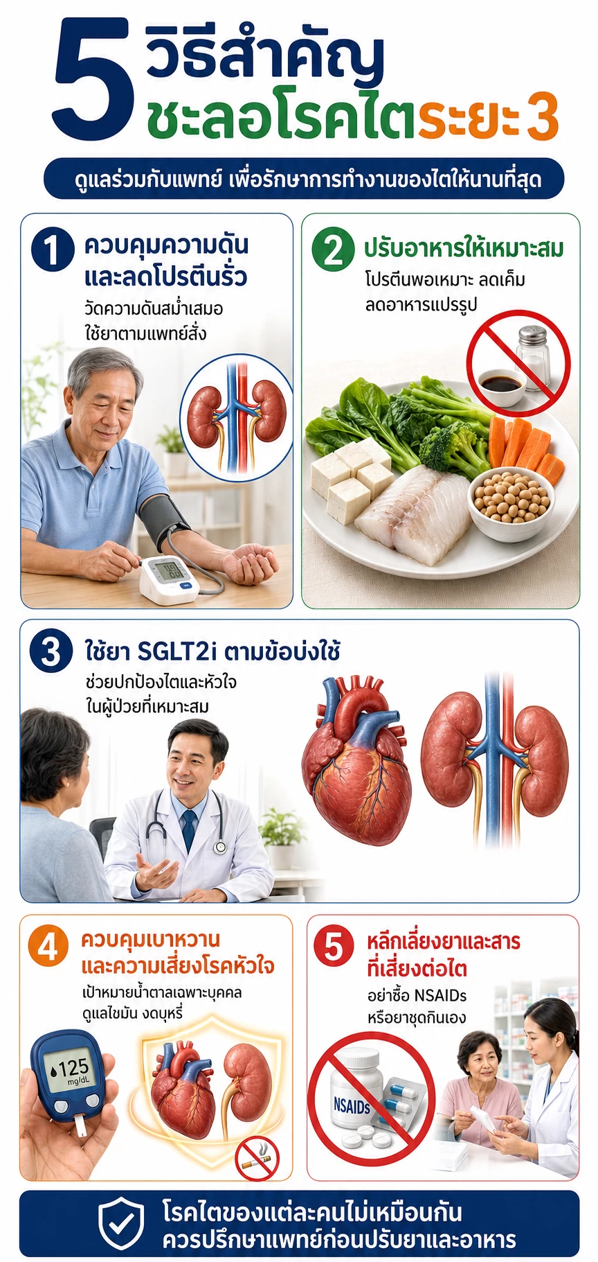 5 วิธีชะลอไตเสื่อมระยะ 3 ได้แก่ ควบคุมความดัน ปรับอาหาร ใช้ยา SGLT2i ตามข้อบ่งใช้ ควบคุมเบาหวานและความเสี่ยงโรคหัวใจ และหลีกเลี่ยงยาและสารที่เสี่ยงต่อไต