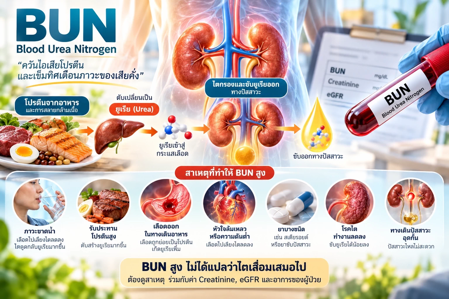 ภาพการตรวจสุขภาพไตด้วยเลือดและปัสสาวะ เช่น Creatinine eGFR UACR และ UPCR