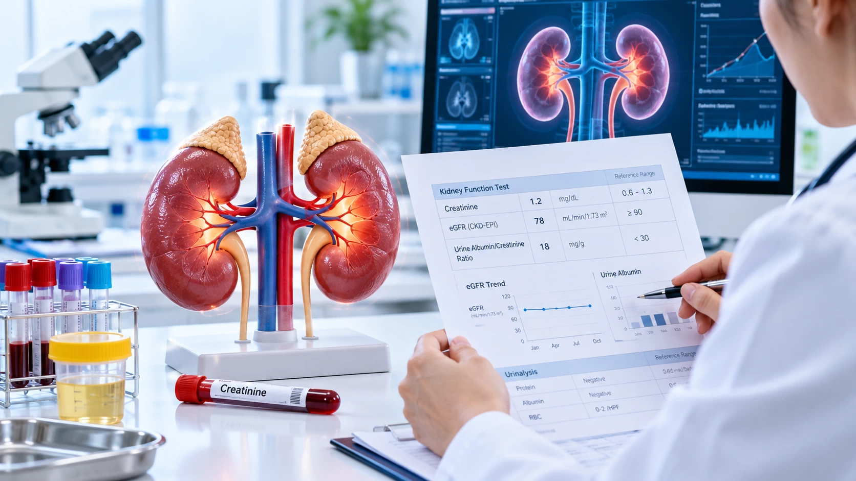 ภาพการตรวจสุขภาพไตด้วยเลือดและปัสสาวะ เช่น Creatinine eGFR UACR และ UPCR