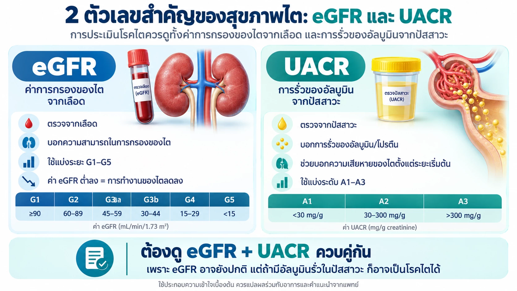 ภาพการตรวจสุขภาพไตด้วยเลือดและปัสสาวะ เช่น Creatinine eGFR UACR และ UPCR